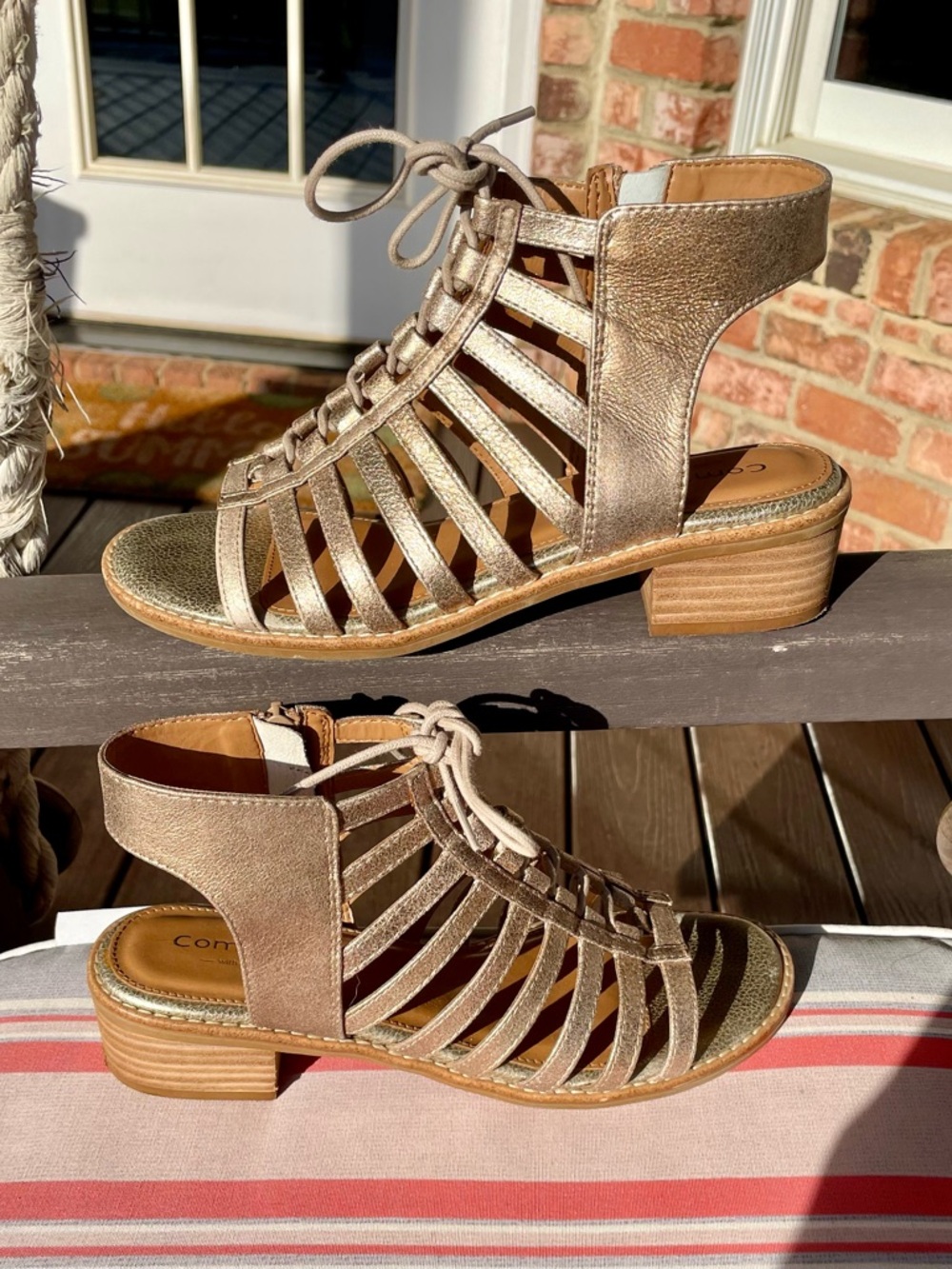 Comfortiva Rose Gold Metallic Side-Zip Lace-Up Strappy Sandals, 8M
